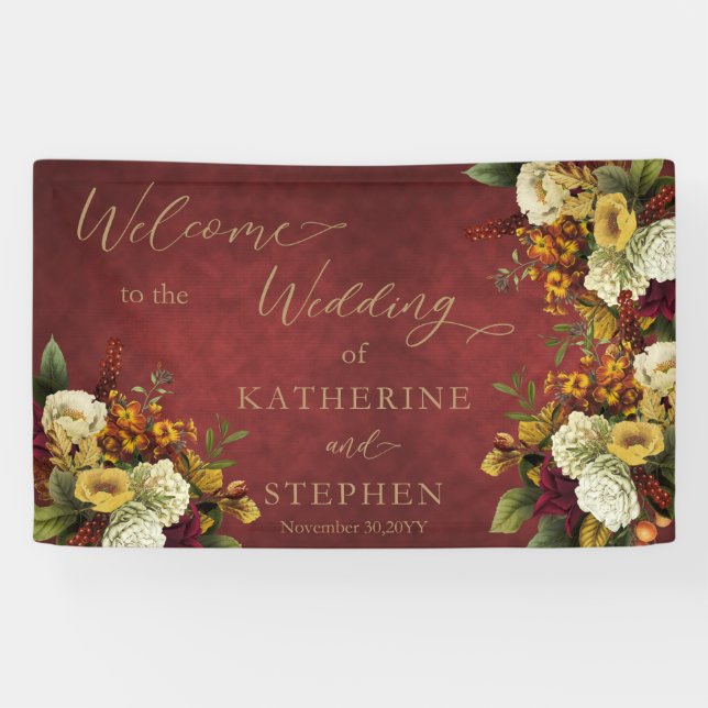 Rustikal Dk Red | Orange Floral Bouquet Wedding Banner (Horizontal)