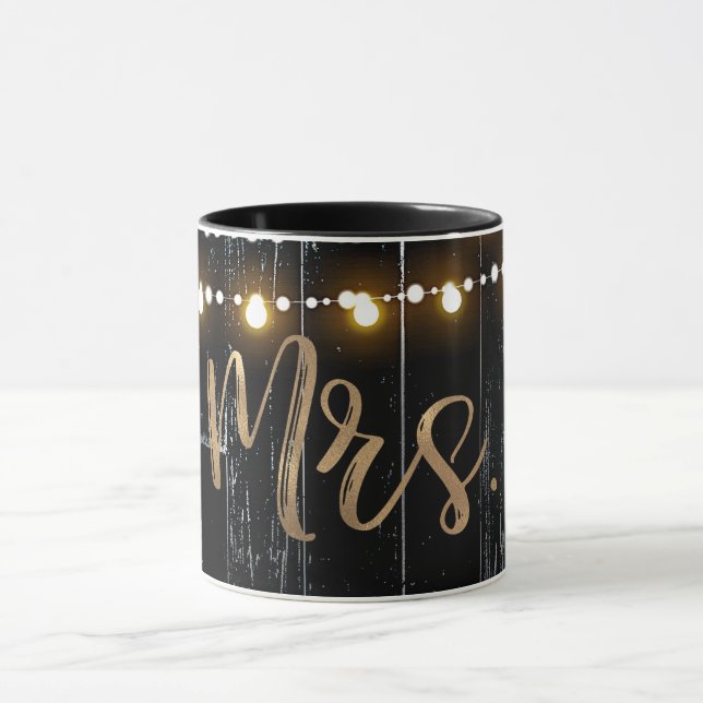 Rustikal dunkles Holz & String Lights Gold Bride M Tasse (Zentrum)
