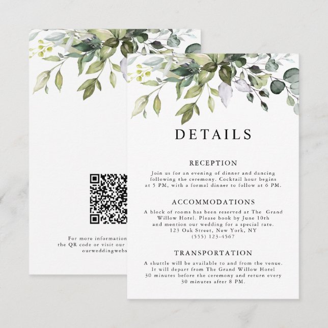 Rustikal Elegante Eukalyptusblätter QR-Code Hochze Begleitkarte (Vorne/Hinten)