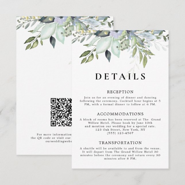 Rustikal Elegante Grüne QR-Code Hochzeitsdetails Begleitkarte (Vorne/Hinten)