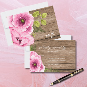 Rustikal Elegante Rosa Grüne Wasserfarbe Mohnblume RSVP Karte