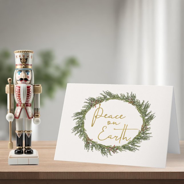 Rustikal Elegante Wreath Weltfrieden Feiertagskarte (Rustic Elegant Wreath Peace on Earth Holiday Card)