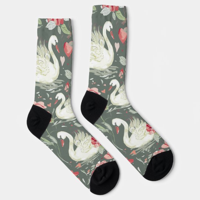 Rustikal Elegantes Schwan- und Herz-Elemente-Muste Socken (Rechts)