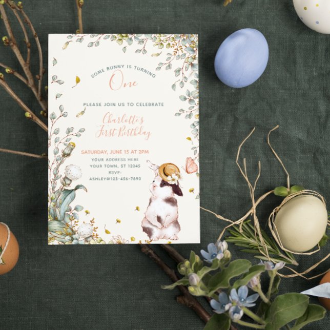 Rustikal, etwas sonnig ist ein floraler Girl-Cotat Einladung (Hop on over for some fun, our little bunny turns one!)