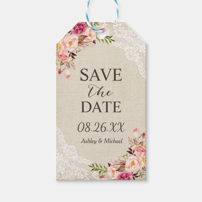 Rustikal florale Burlap Lace Wedding rettet das Da Geschenkanhänger (Vorderseite)
