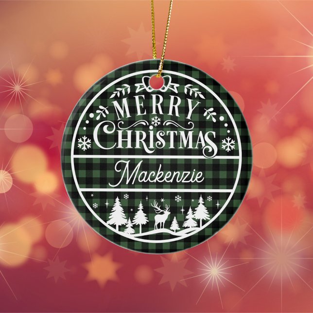 Rustikal frohe Weihnachten Grün & Schwarz Karierte Keramik Ornament (Von Creator hochgeladen)