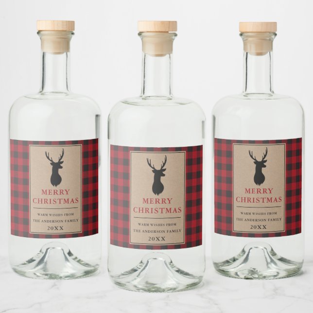 Rustikal Frohe Weihnachten Karierte Kraft Alkoholflaschenetikett (Flaschen)