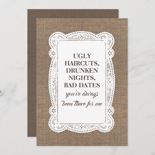 Rustikal-Funny-Bridesmaid / Vorschlag für eine Tra Einladung (Vorne/Hinten)