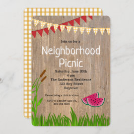 Rustikal Gelb Karierte Nachbarschaft Picnic Einlad Einladung