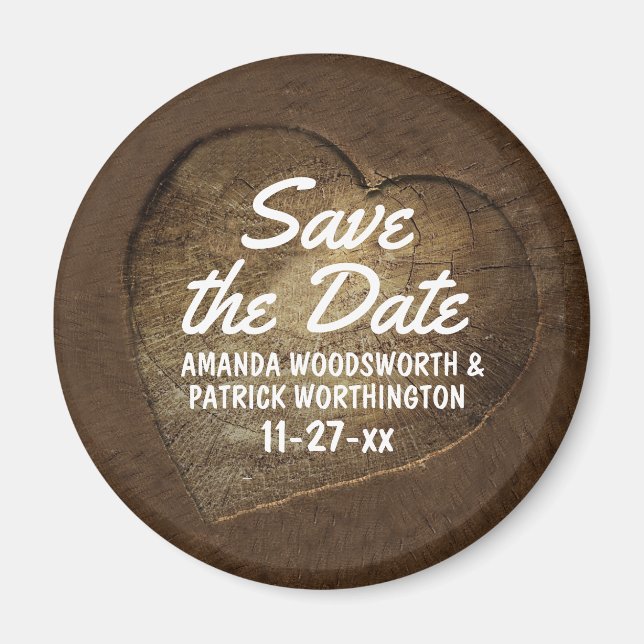 Rustikal geschnitzte Heart Oak Trece Save the Date Magnet (Vorne)