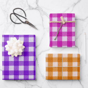 Rustikal Gingham Tartan Kariert Orange Lila Pink Geschenkpapier Set