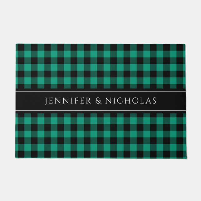 Rustikal Green Kariert Gingham Name Fußmatte (Vorderseite)