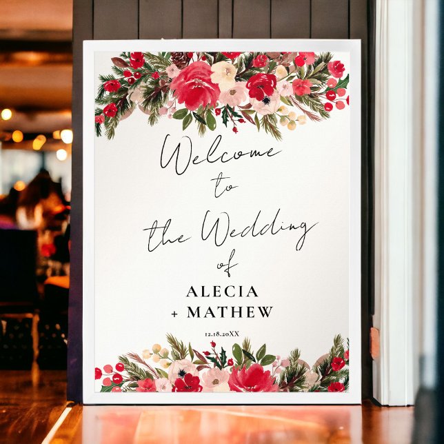 Rustikal-grün-blühende Winterhochzeit Begrüßung Poster (Rustic Red green Floral Winter Wedding Welcome Poster)
