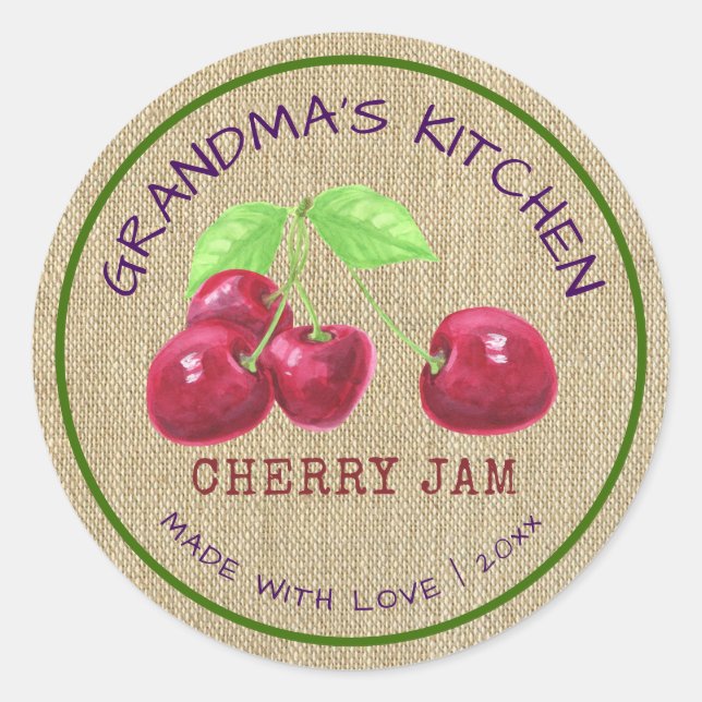 Rustikal hergestellt mit Liebe Burlap Cherry Jam Runder Aufkleber (Vorderseite)