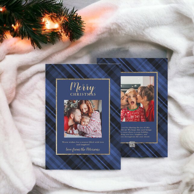 Rustikal Kariert Blue Gold Frohe Weihnachten 2 Fot (Rustic Plaid Blue Gold Merry Christmas 2 Photos Holiday Card)