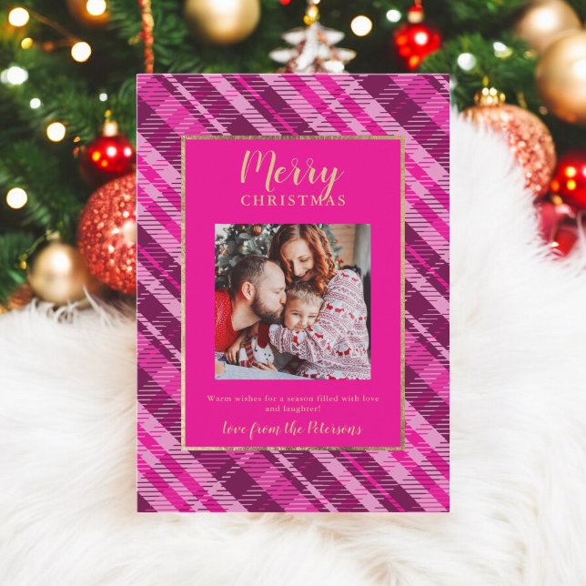 Rustikal Kariert Pink Gold Frohe Weihnachten 2 Fot (Rustic Plaid Pink Gold Merry Christmas 2 Photos Holiday Card)