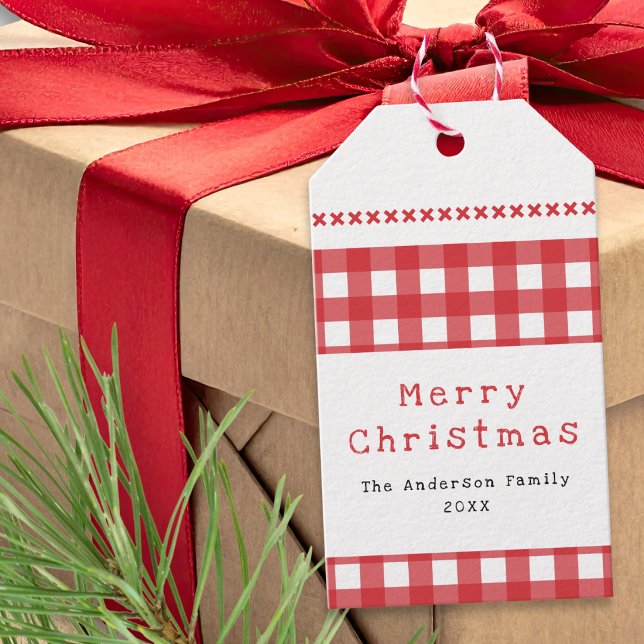 Rustikal kariert Rot Weiß Frohe Weihnachten Geschenkanhänger (A personalized Christmas gift tag, with rustic red and white gingham pattern and cross stitch effect)