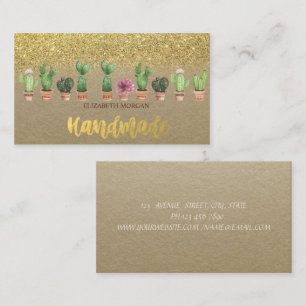 Rustikal, Kraft, Wasserfarbe Kaktus Gold Glitter Visitenkarte