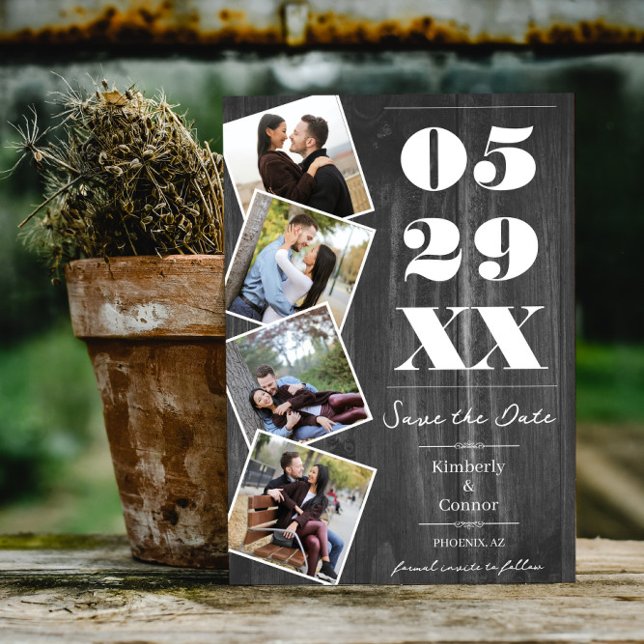 Rustikal kühl Vier Foto Save the Date | Grau (Gray Rustic Bold Four Photo Save the Date)