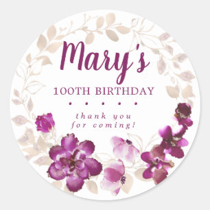 Rustikal Lila Pink Floral 100. Geburtstag Vielen D Runder Aufkleber