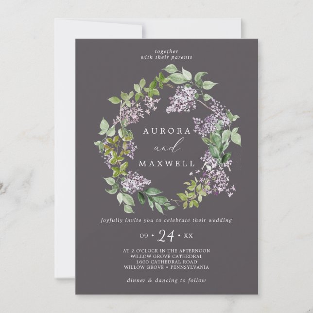 Rustikal Lilac | Grey Wreath Wedding Einladung (Vorderseite)