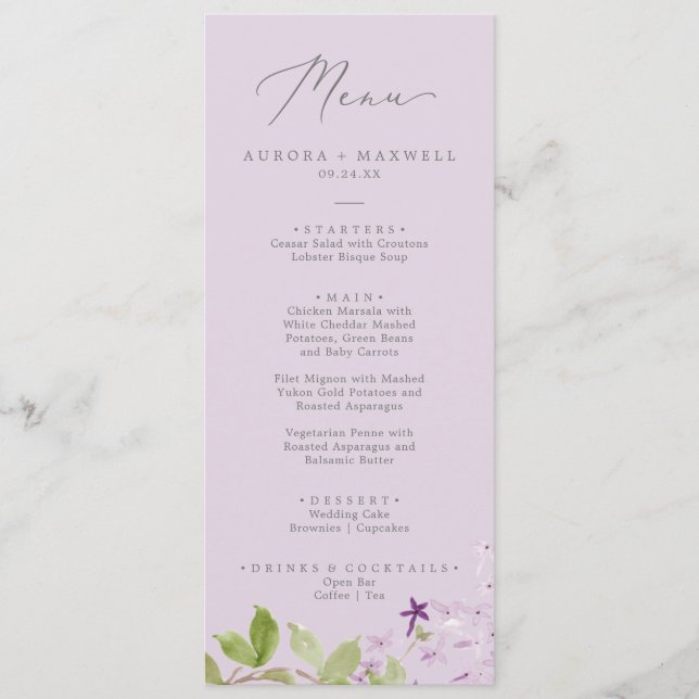 Rustikal Lilac | Lavender Wedding Dinner Menu Menükarte (Vorderseite)