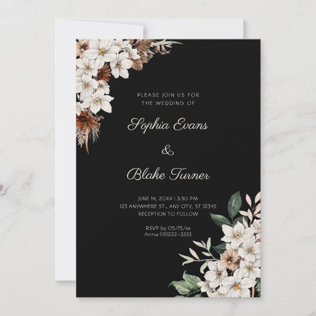 Rustikal Off White Blume Boho Black Wedding Einladung (Vorderseite)