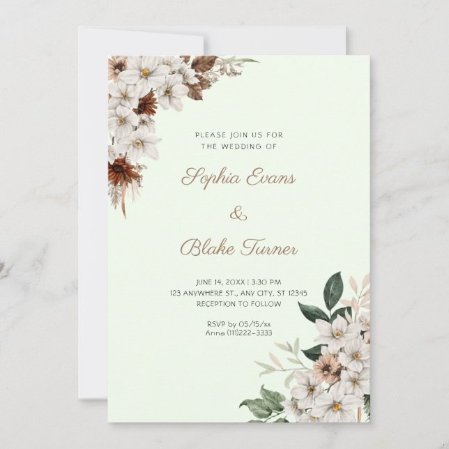 Rustikal Off White Blume Boho Light Green Wedding Einladung (Vorderseite)