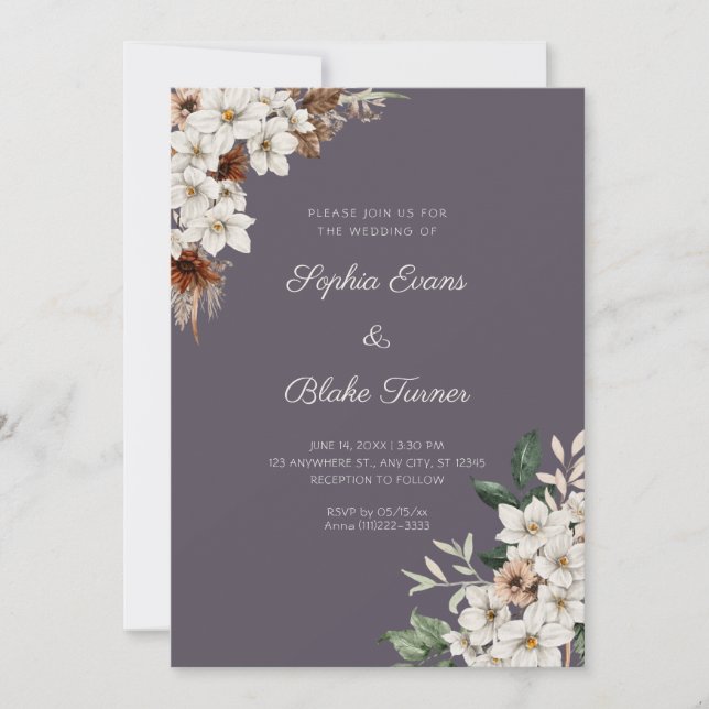 Rustikal Off White Blume Boho Smoke Gray Wedding Einladung (Vorderseite)