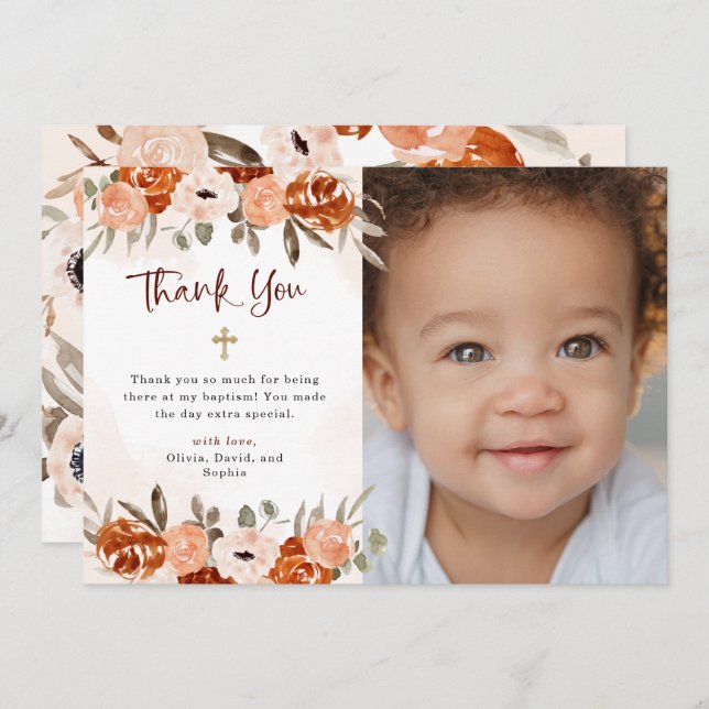 Rustikal Orange Boho | Aquarelltaufe Foto Dankeskarte (Vorne/Hinten)