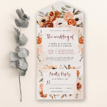 Rustikal Orange Boho | Wasserfarbenfrohe Hochzeit All In One Einladung<br><div class="desc">Diese wunderschönen und romantischen Einladungen für Hochzeitsfeiern sind im trendigen Boho-Stil und in eleganter bordeauxfarbener Kalligraphie gehalten. Rustikale Bouquets aus Orange,  Pfirsich,  Blüte und Taupe sowie neutrale botanische Blätter schmücken die Ecken mit dezenten Aquarellsprüchen auf weichem,  weichem Hintergrund.</div>