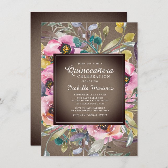 Rustikal Pink Aquarell Blumenbraun Quinceañera Einladung (Vorne/Hinten)