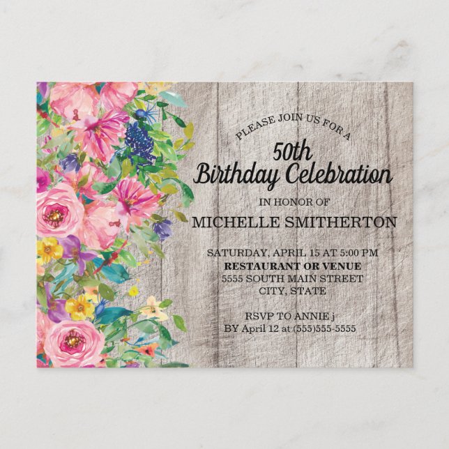 Rustikal Pink Blau Aquarell Floral 50. Geburtstag Postkarte (Vorderseite)