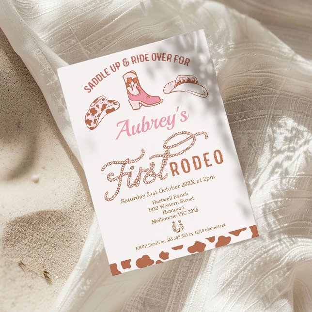 Rustikal Pink Boot Cowgirl First Rodeo 1. Geburtst Einladung (Pink Cowgirl First Rodeo Birthday Invitation, Western First Rodeo 1st Birthday Invite, Wild West)