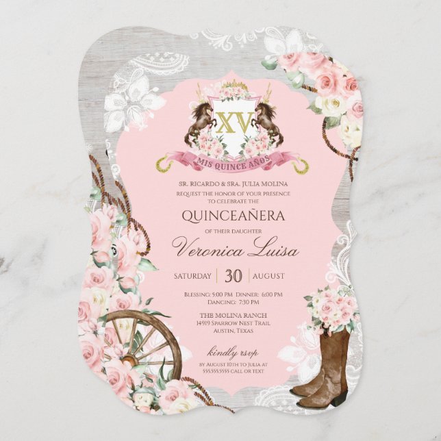Rustikal Pink Charro Quinceanera Einladung (Vorne/Hinten)