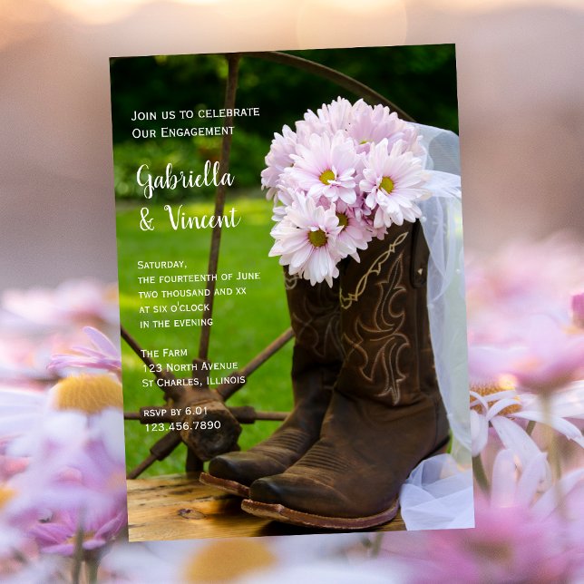 Rustikal Pink Daisies Cowboy Boots Engagement Part Einladung (Von Creator hochgeladen)