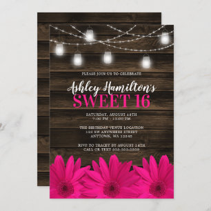 Rustikal Pink Daisy Mason Jar Lights Sweet 16 Einladung