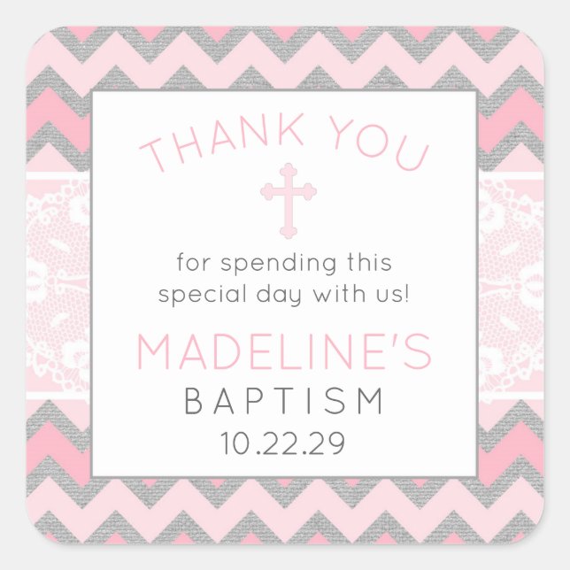 Rustikal Pink Gray Taufe danke Ihnen für Aufkleber (Vorderseite)