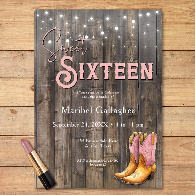 Rustikal Pink Stiefel Cowgirl Sweet 16 Geburtstag Einladung (Rustic Pink Boots Cowgirl Sweet 16 Birthday Invitation)