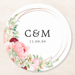 Rustikal Pink White Floral Wedding Monogramm und D Runder Pappuntersetzer