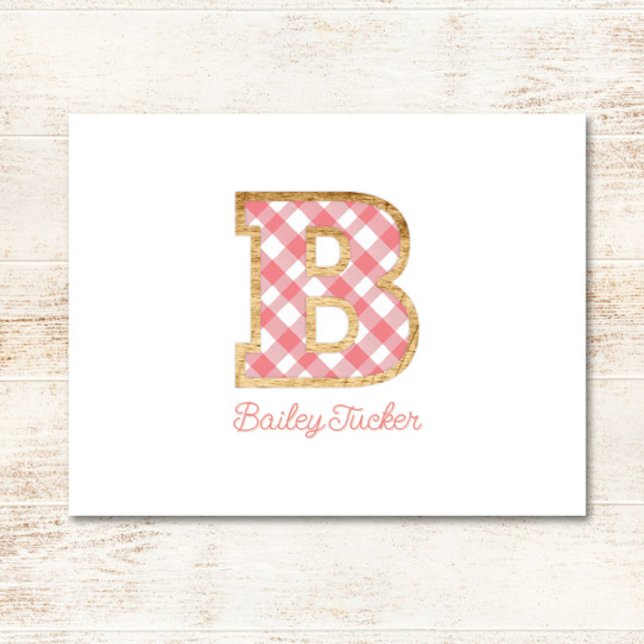 Rustikal & Preppy "B" Pink Gingham auf Wood Girly Mitteilungskarte (Von Creator hochgeladen)