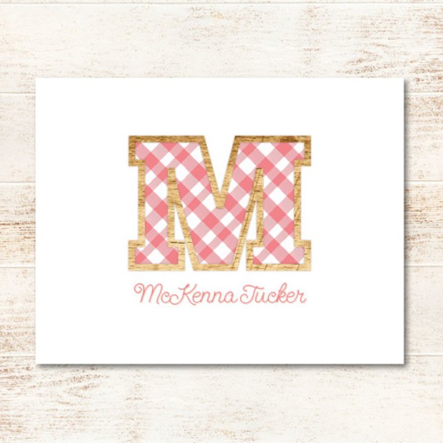 Rustikal & Preppy "M" Pink Gingham auf Wood Girly Mitteilungskarte (Von Creator hochgeladen)