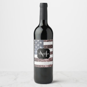 Rustikal Red White Blue Glitzern USA Flaggenmonogr Weinetikett