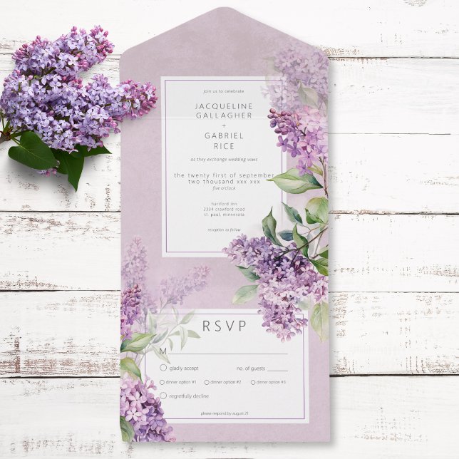 Rustikal Romantik Lila & Sage Lilacs Abendessen All In One Einladung (Rustic Romantic Purple & Sage Lilacs Dinner All In One Invitation)