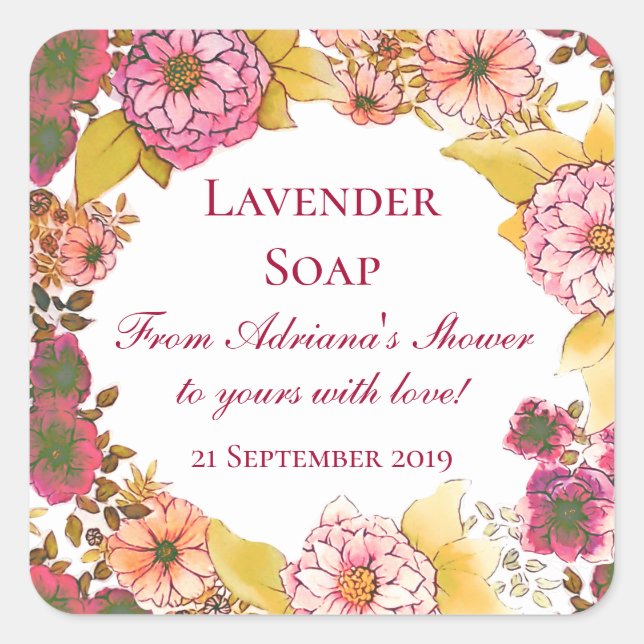 Rustikal rosa Blumenseifen für Brautparty Quadratischer Aufkleber (Vorderseite)