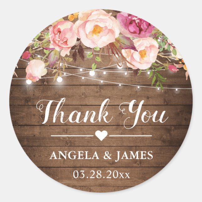 Rustikal rosa Blumenstrauß Hochzeit Danke Runder Aufkleber (Vorderseite)