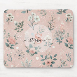 Rustikal rosa Blüte mit weißen Blüten und Grünpfla Mousepad
