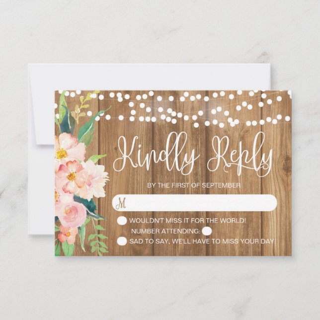 Rustikal rosa Blütenblüte und Holzhochzeit RSVP (Vorderseite)