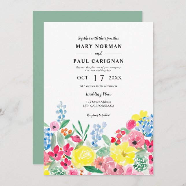 Rustikal Rosa Blütenfarbe Grüne Hochzeit Einladung (Vorne/Hinten)