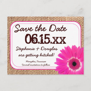 Rustikal rosa Daisy Burlap Save the Date Postkarte